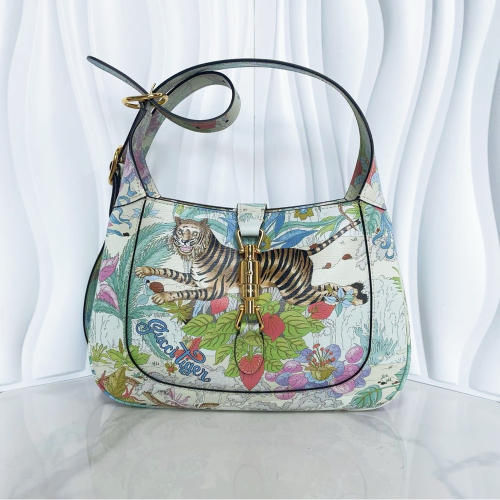 Authenticated Gucci Yuko Higuchi Small Calfskin Floral Print Jackie 1961 White